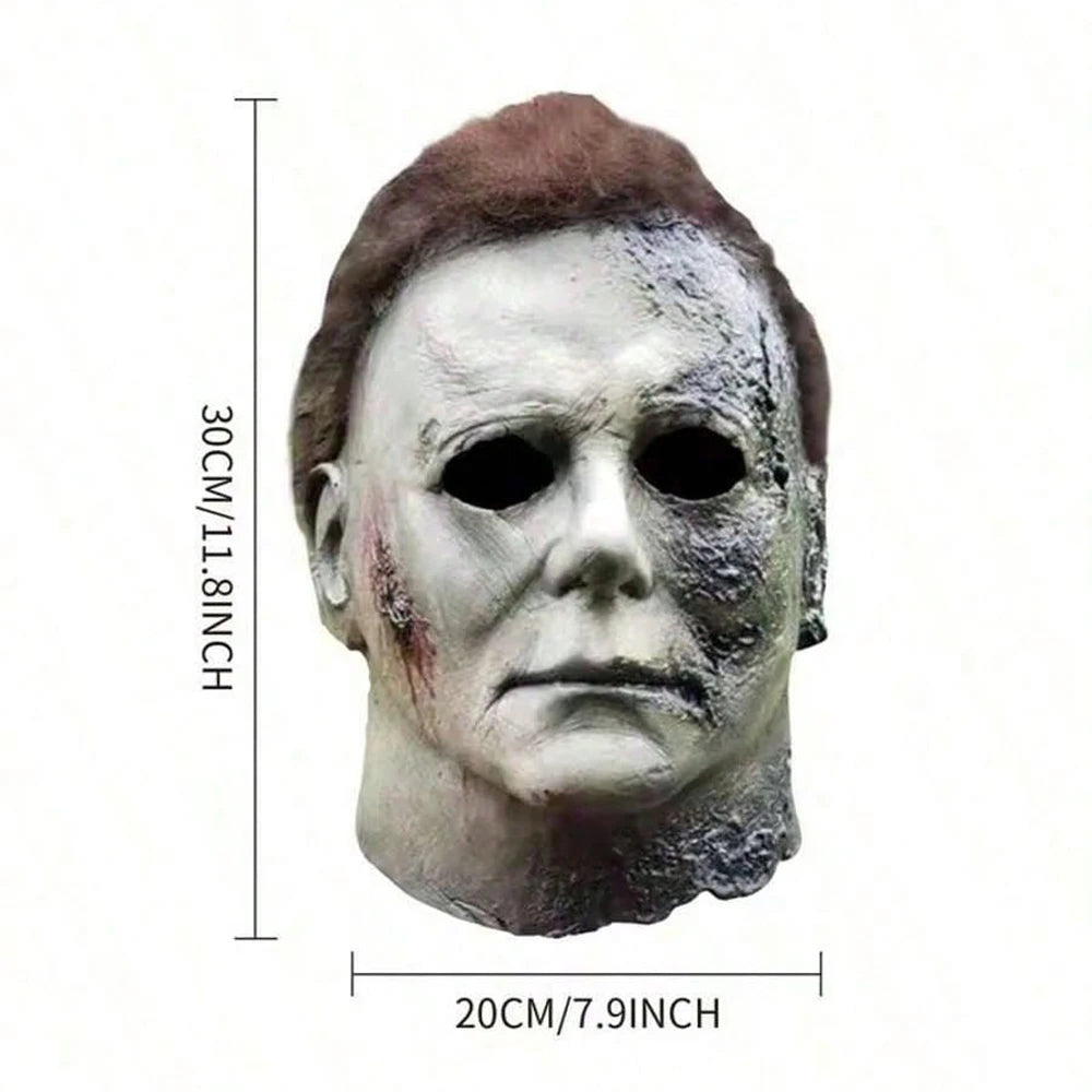 A realistic horror mask resembling Michael Myers with a pale, weathered face and brown hair.