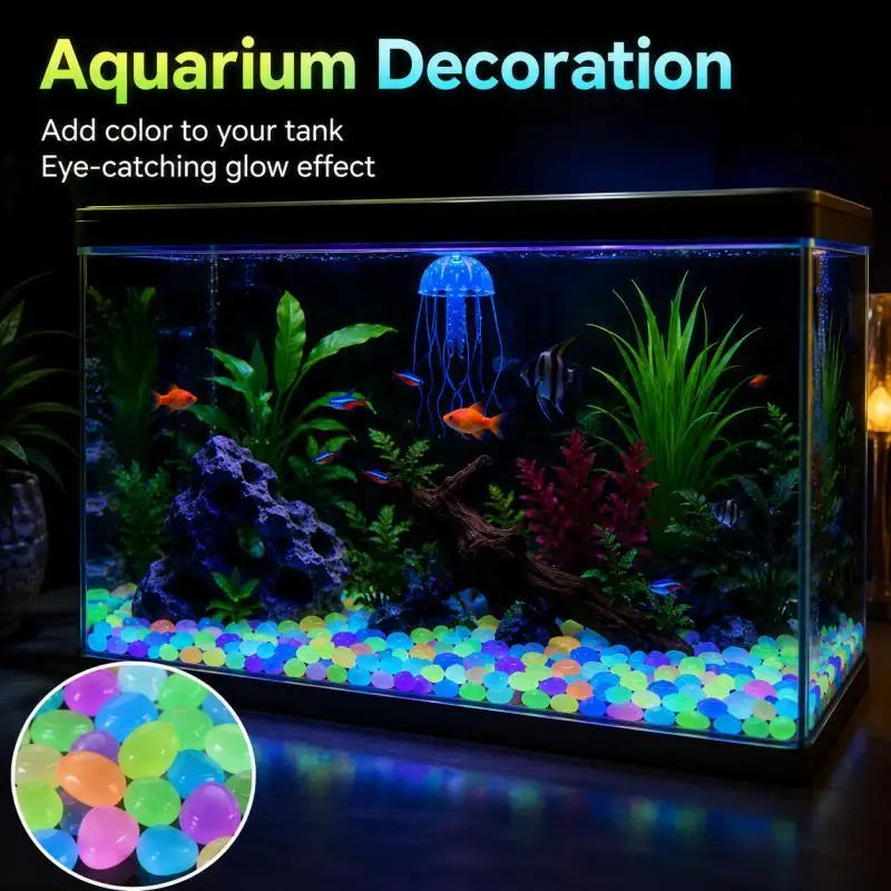Aquarium decoration featuring glow-in-the-dark luminous pebbles creating an eye-catching glow effect.