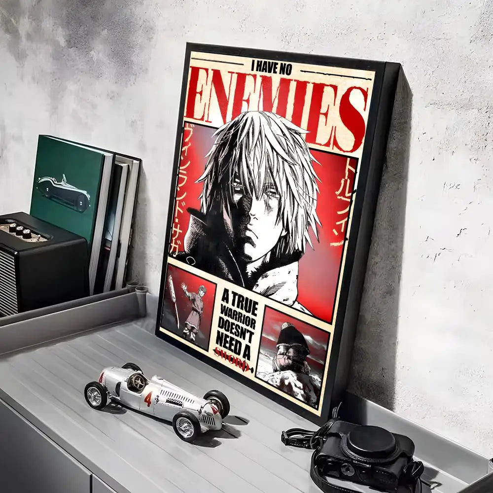 A poster featuring a character from Vinland Saga anime with the text I HAVE NO ENEMIES displayed in a black frame.
