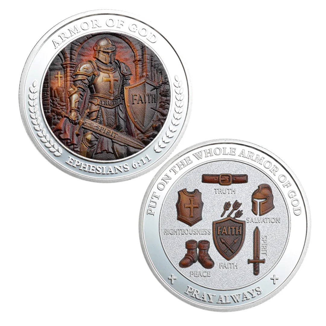 A set of two gold-plated coins featuring biblical themes, including an armor design and the full armor of God.