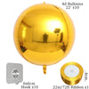 A round gold foil balloon is shown inflated, with a silver hook and a 22m ribbon attached.