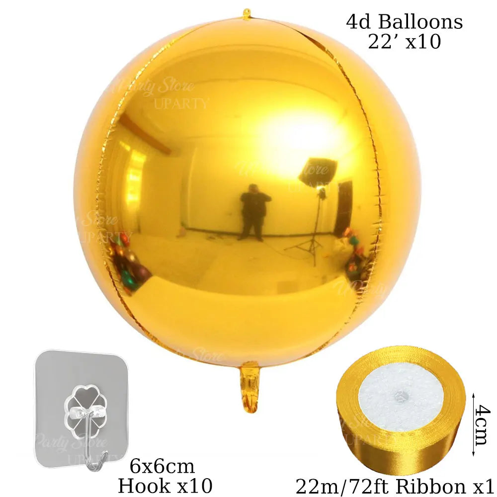A round gold foil balloon is shown inflated, with a silver hook and a 22m ribbon attached.