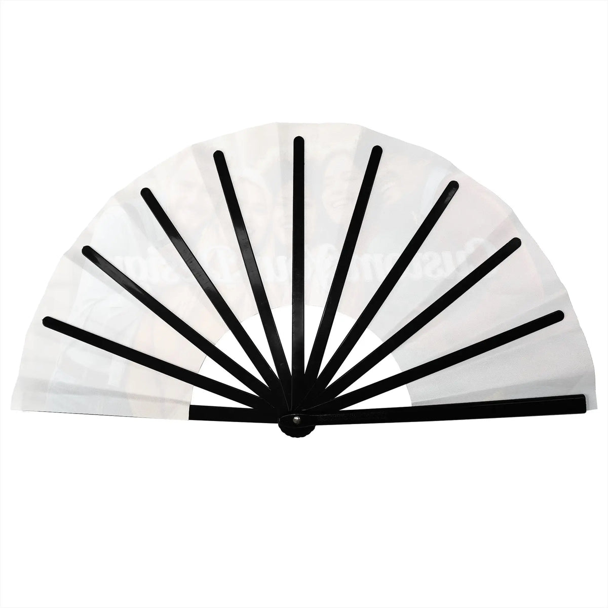 A white folding fan with black ribs, designed for custom photos and names.