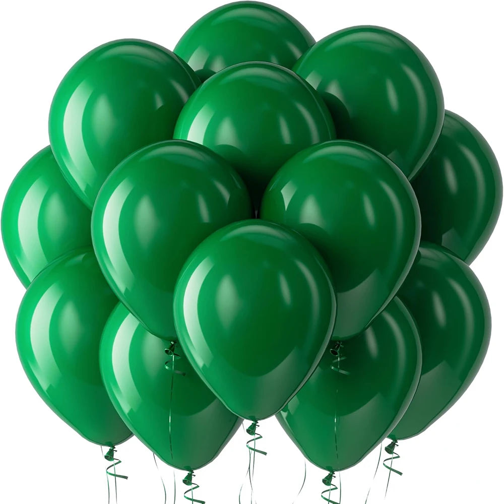 A cluster of glossy green latex balloons tied together for a celebration