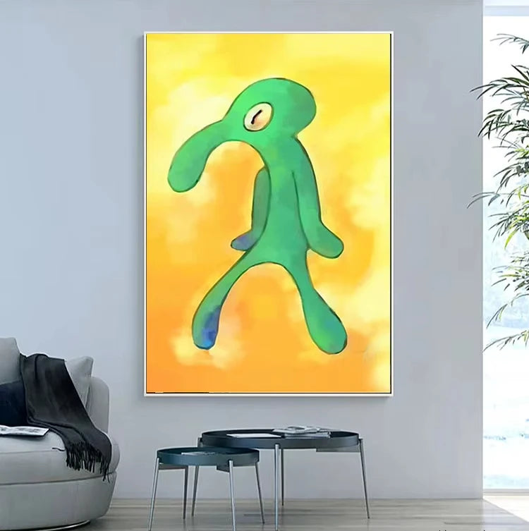 A vibrant green cartoon lizard painting on canvas with a yellow background.