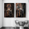 Canvas wall art featuring two paintings of a lion and warrior in dark tones