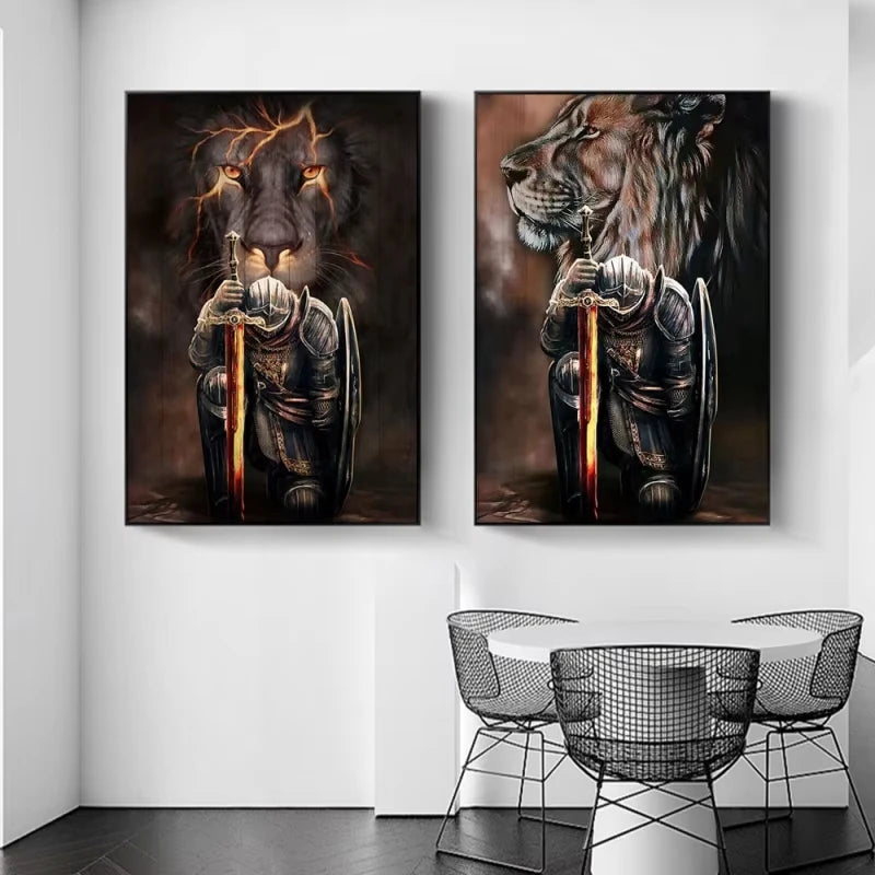 Canvas wall art featuring two paintings of a lion and warrior in dark tones