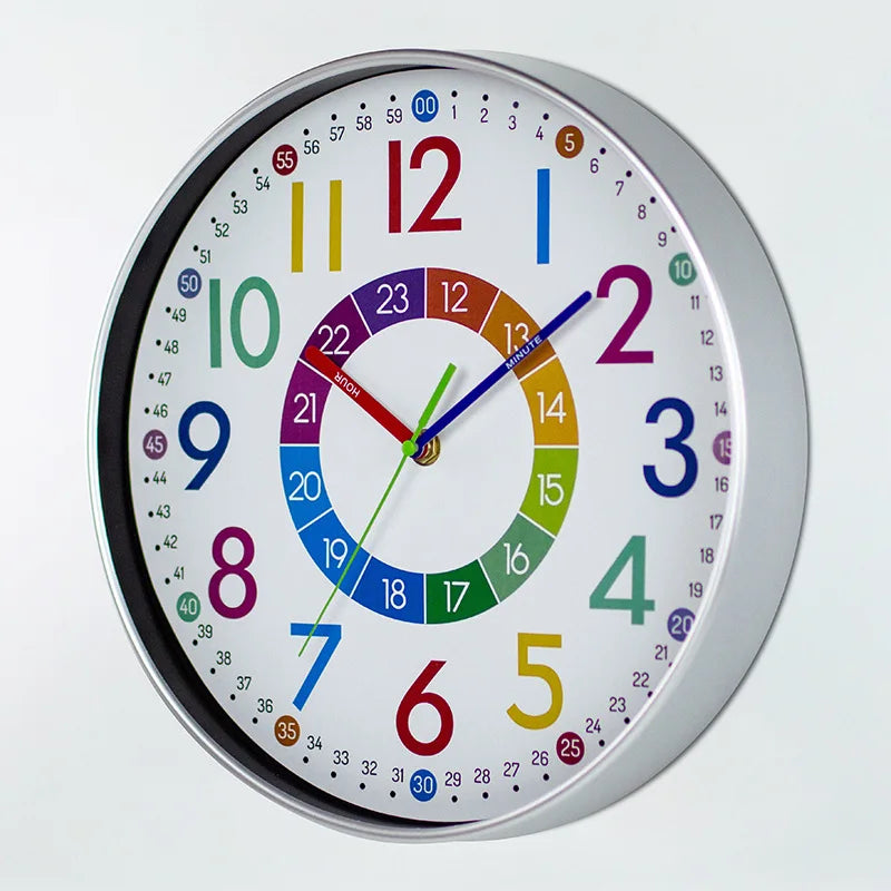 A round analog clock face with colorful numbers and hands displaying the time.