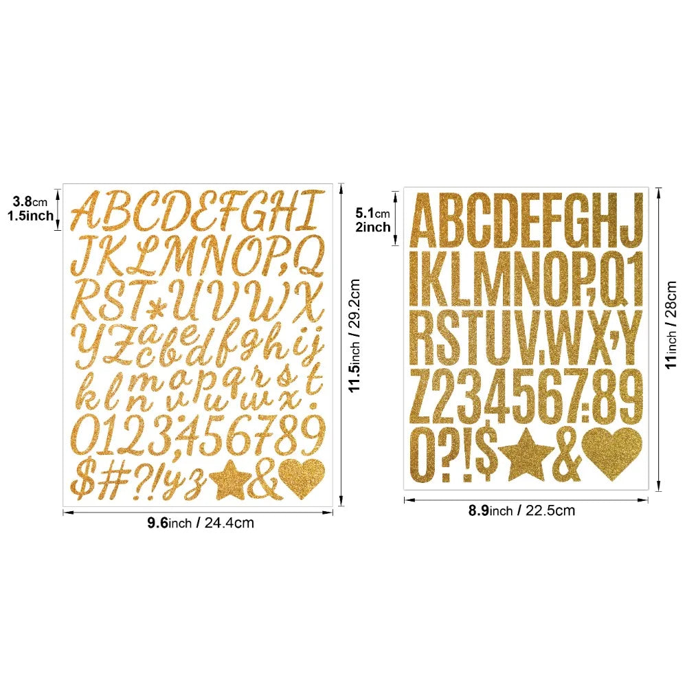 A set of glitter alphabet letter stickers featuring the entire English alphabet and various symbols