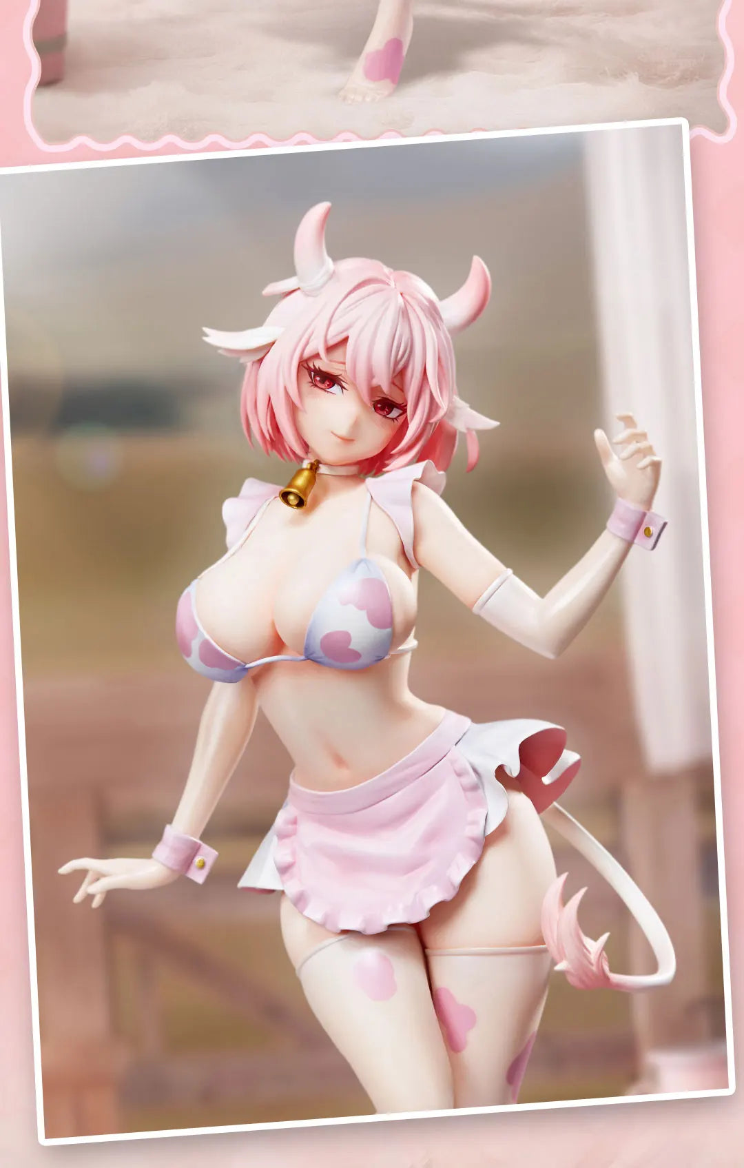 A pink cow-girl miniature figure with horns and a small gold bell, wearing a pink outfit.