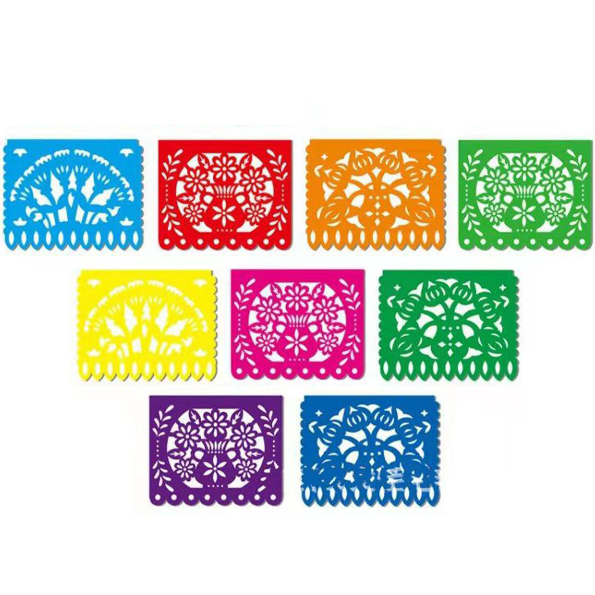 A collection of colorful decorative felt flags featuring intricate floral and geometric cutouts.