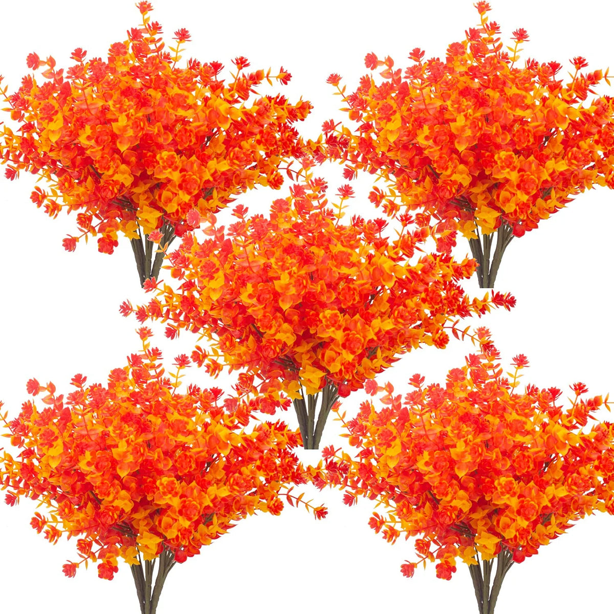 A bouquet of vibrant orange and red artificial daisy-like flowers used for autumn home decor.