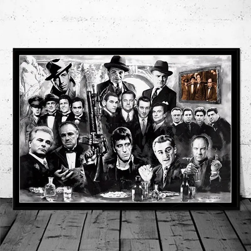 Black and white canvas art featuring a group portrait of The Godfather characters.