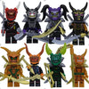 A collection of golden ninja building block figures in various poses and colors.