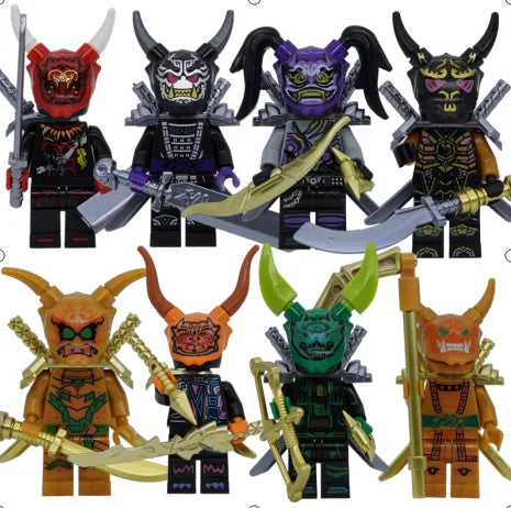 A collection of golden ninja building block figures in various poses and colors.