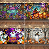 A vibrant Halloween neon backdrop featuring pumpkins, bats, and skulls for a photo booth background.