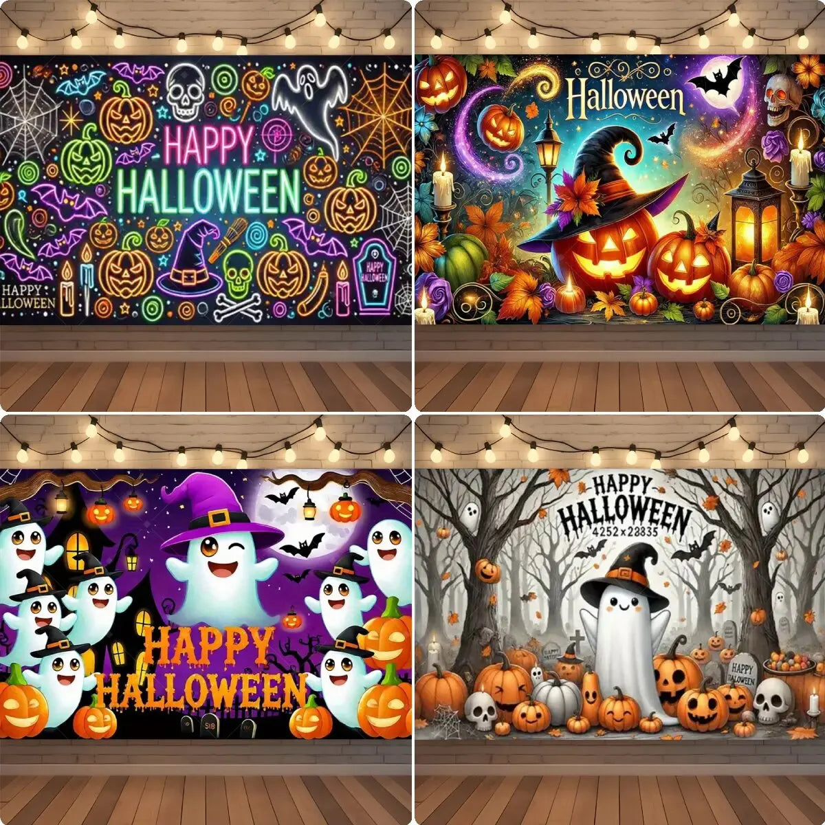 A vibrant Halloween neon backdrop featuring pumpkins, bats, and skulls for a photo booth background.