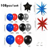 A set of 108 balloons in red, black, and blue colors with star foil accents.
