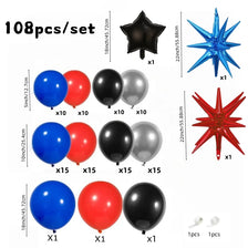 A set of 108 balloons in red, black, and blue colors with star foil accents.