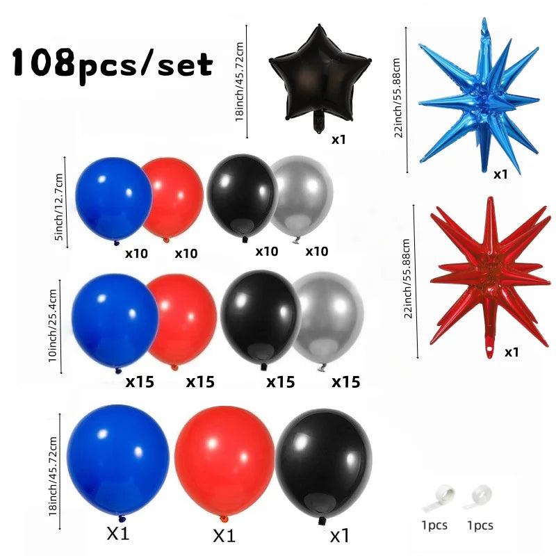 A set of 108 balloons in red, black, and blue colors with star foil accents.