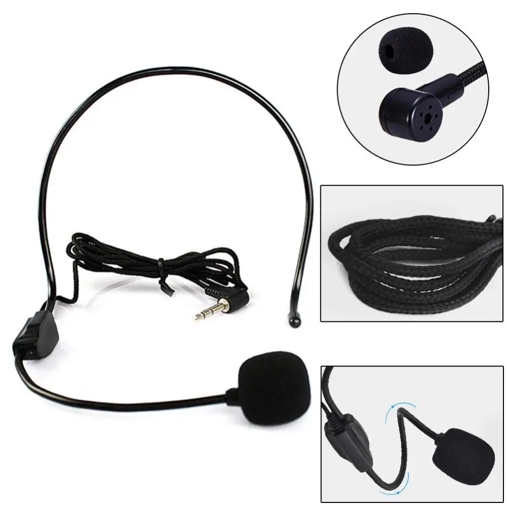 A black wired headset microphone with an adjustable boom and earphone cable shown in various views.