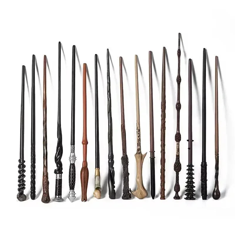A collection of black and brown metal-resin magic wands standing upright against a white background.