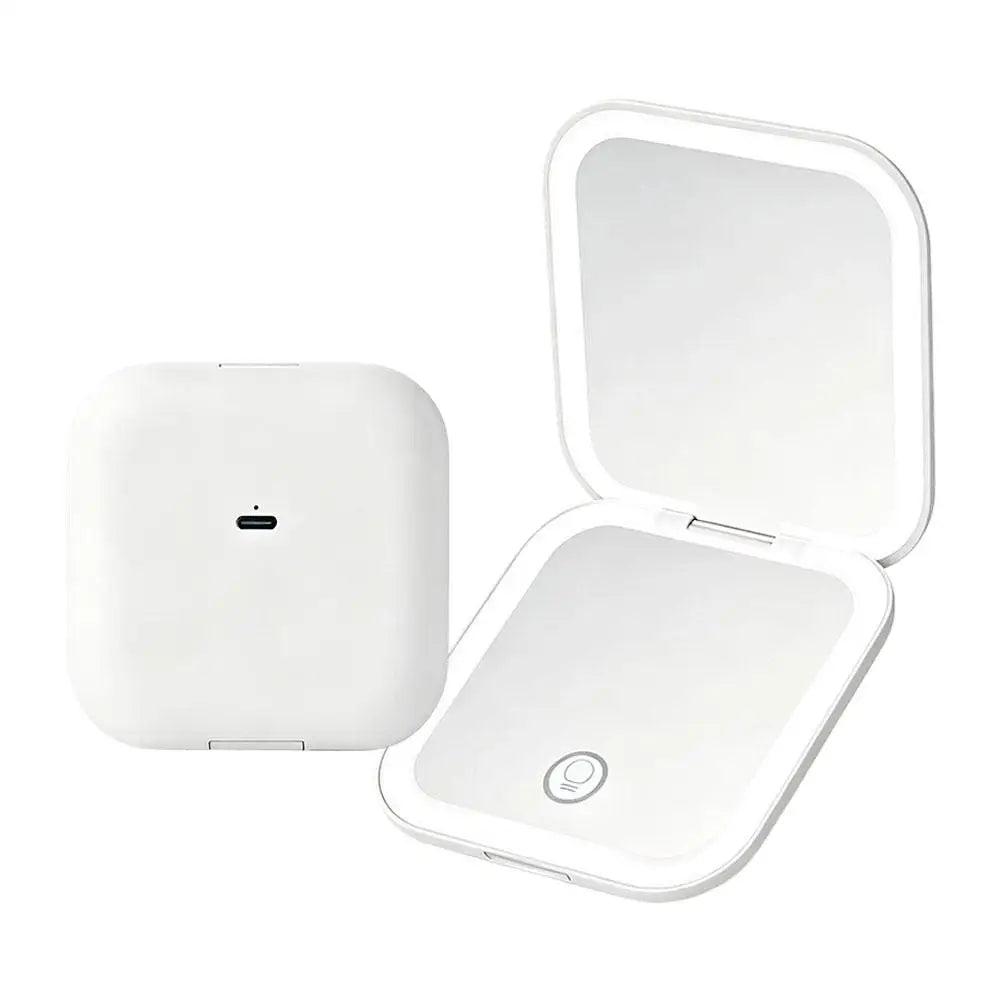 A white portable folding LED makeup mirror with a hinged design shown open and closed.