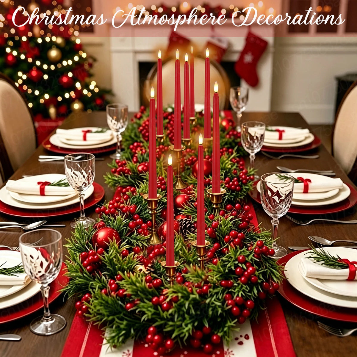 Christmas table setting decorated with red pine greenery and tall red taper candles.