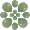 A set of solid sage green latex balloons scattered across a white background.