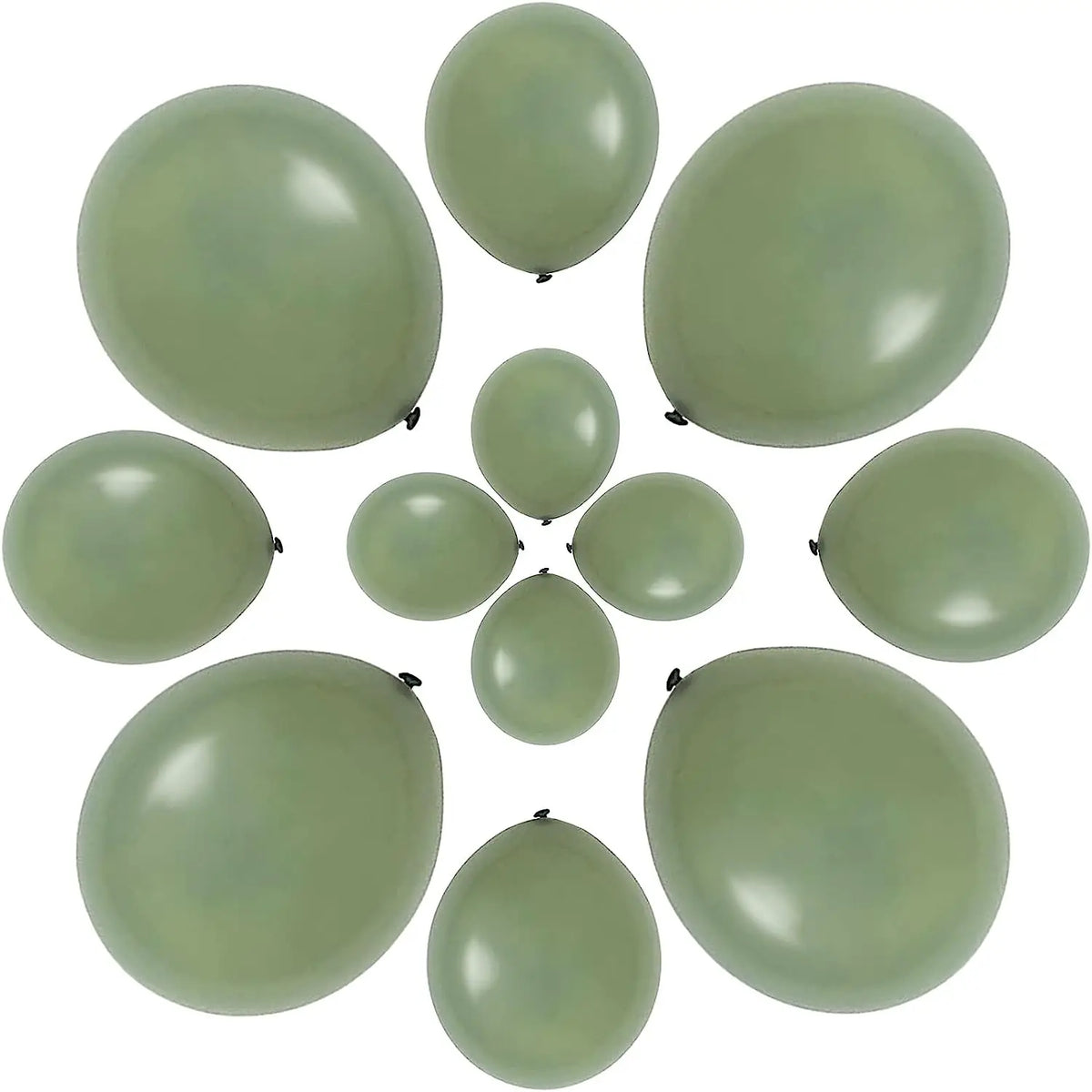 A set of solid sage green latex balloons scattered across a white background.
