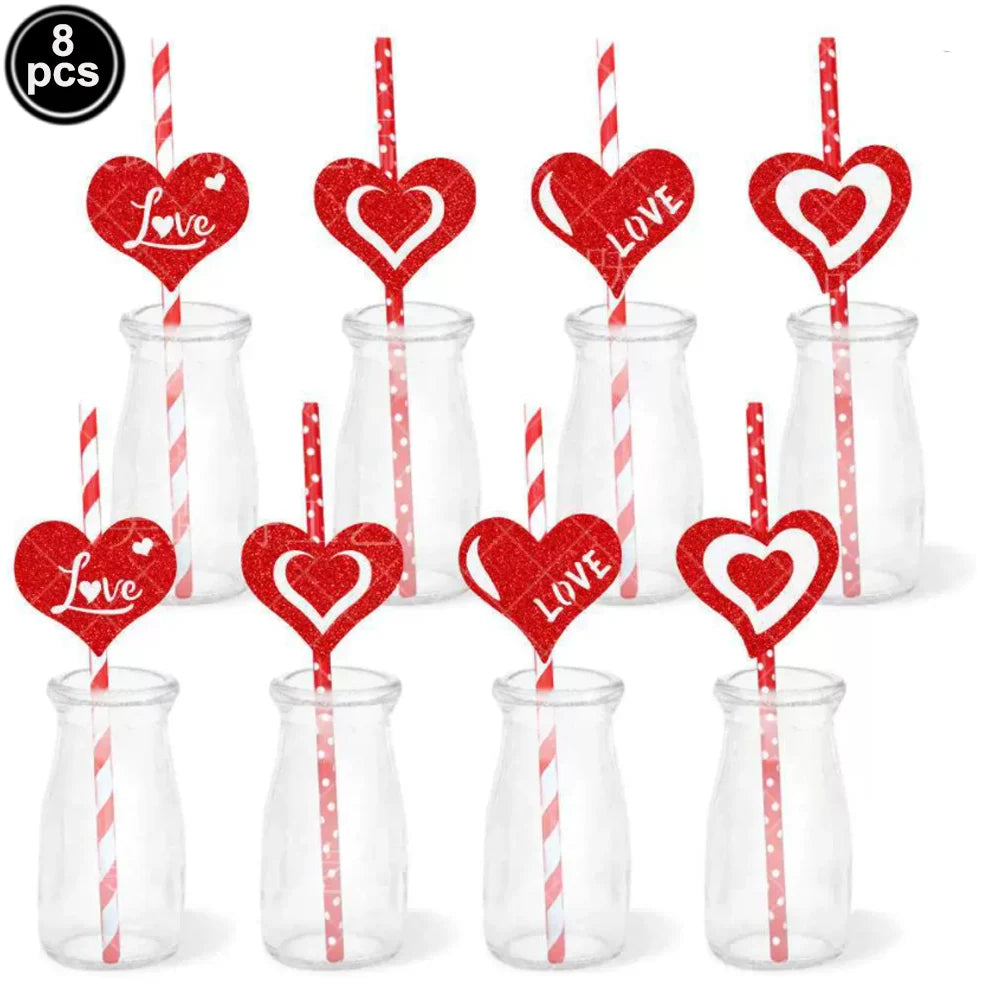 Set of eight red heart letter balloons with foil finish on striped sticks