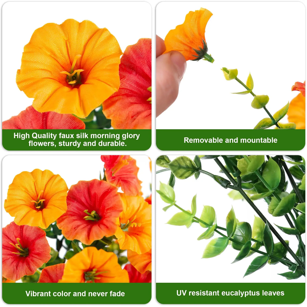 Artificial hanging morning glory flowers in orange and red with green eucalyptus leaves