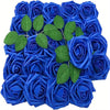 A bouquet of vibrant blue artificial roses with green leaves.