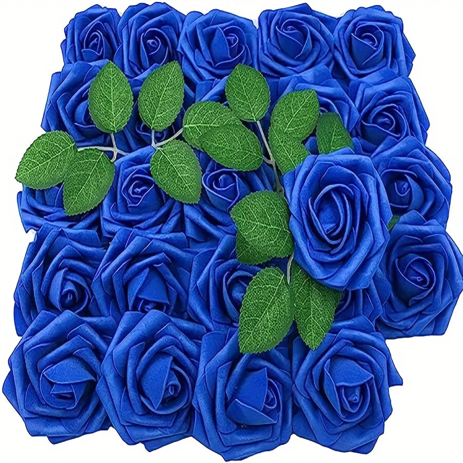 A bouquet of vibrant blue artificial roses with green leaves.