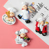 A set of cute 3D fruit fridge magnets featuring chefs and food items on a pink background.