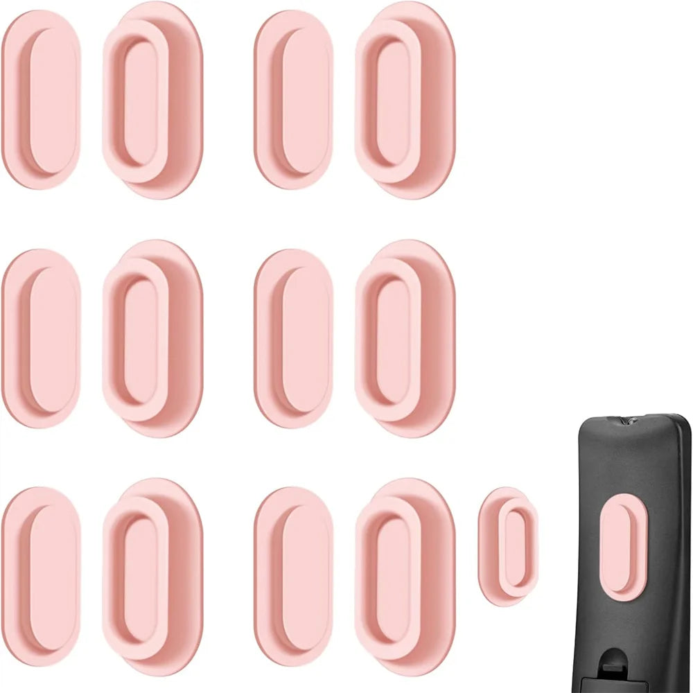 A set of pink magnetic silicone remote control holders shown in various shapes and sizes.