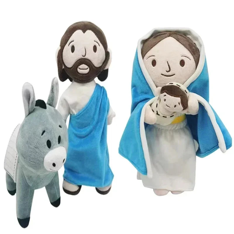 A plush doll depicting Jesus and the Virgin Mary, with Jesus having a beard and Mary wearing a blue mantle.