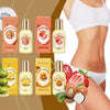 A collection of five bottles of body oil in various shades and packaging, including Rose Aura, Raspberry, and Sea Aura.