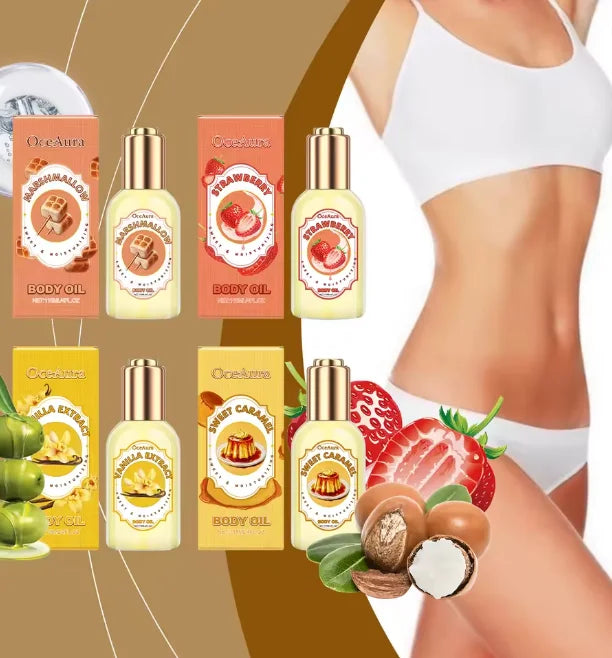 A collection of five bottles of body oil in various shades and packaging, including Rose Aura, Raspberry, and Sea Aura.