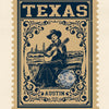 Vintage Texas postage stamp design featuring a woman playing a guitar and the city skyline of Austin, Texas.