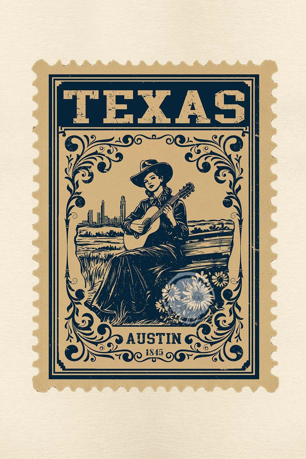 Vintage Texas postage stamp design featuring a woman playing a guitar and the city skyline of Austin, Texas.