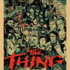 A vintage movie poster featuring a group of characters and bold red text for The Thing
