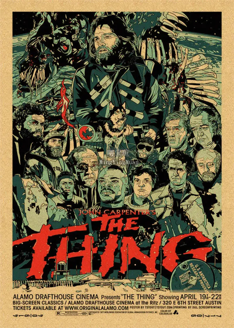 A vintage movie poster featuring a group of characters and bold red text for The Thing