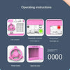 Operating instructions for an automatic mini cash saving piggy bank showing how to enter a password and rotate the button to 
