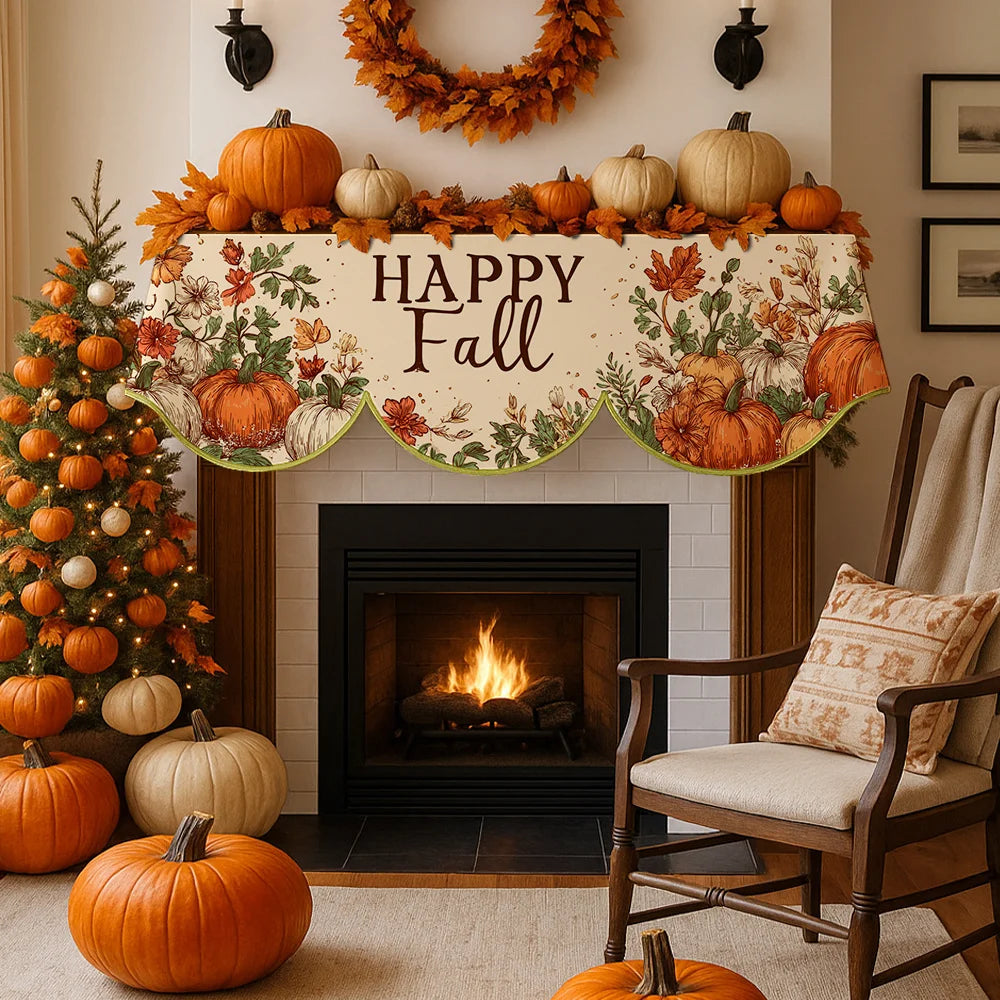 An autumn harvest fireplace mantel scarf featuring pumpkins and maple leaves above a fireplace.