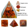 A pyramid-shaped crystal display featuring red jasper, gold foil, and a copper screw.