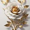 Arte de pared floral en lienzo con rosa blanca de borde dorado y hojas detalladas.
