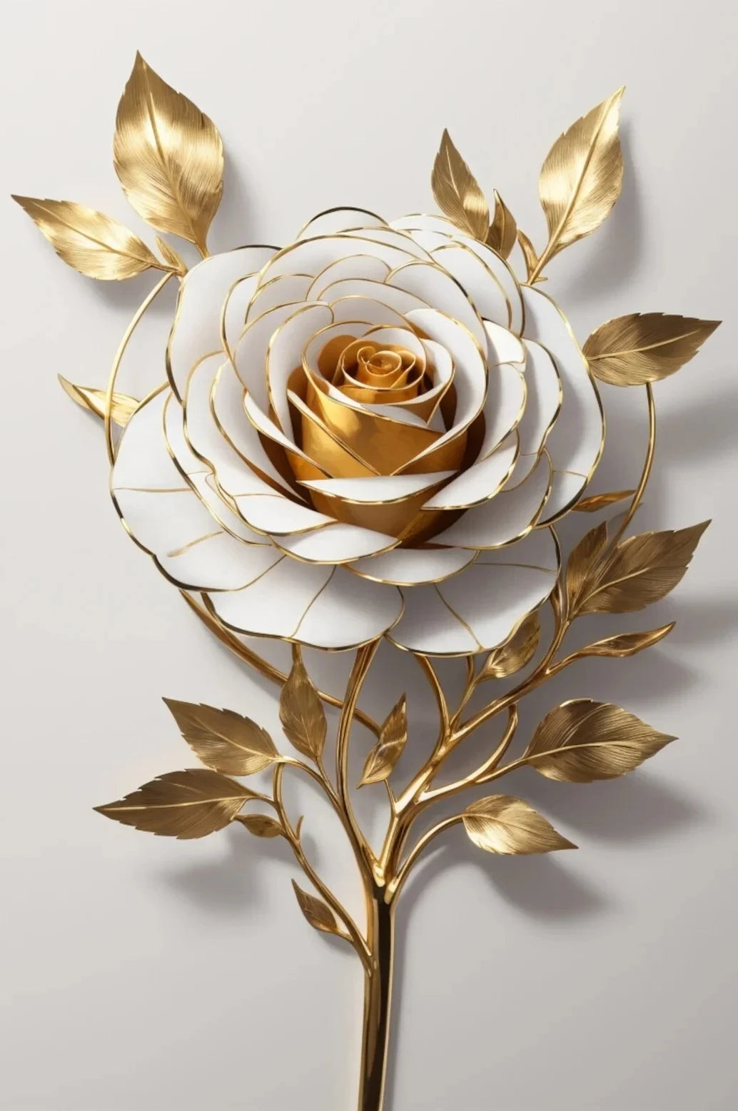 Arte de pared floral en lienzo con rosa blanca de borde dorado y hojas detalladas.