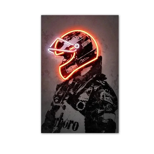 A canvas wall art featuring a motorcycle helmet with neon orange accents against a dark background.