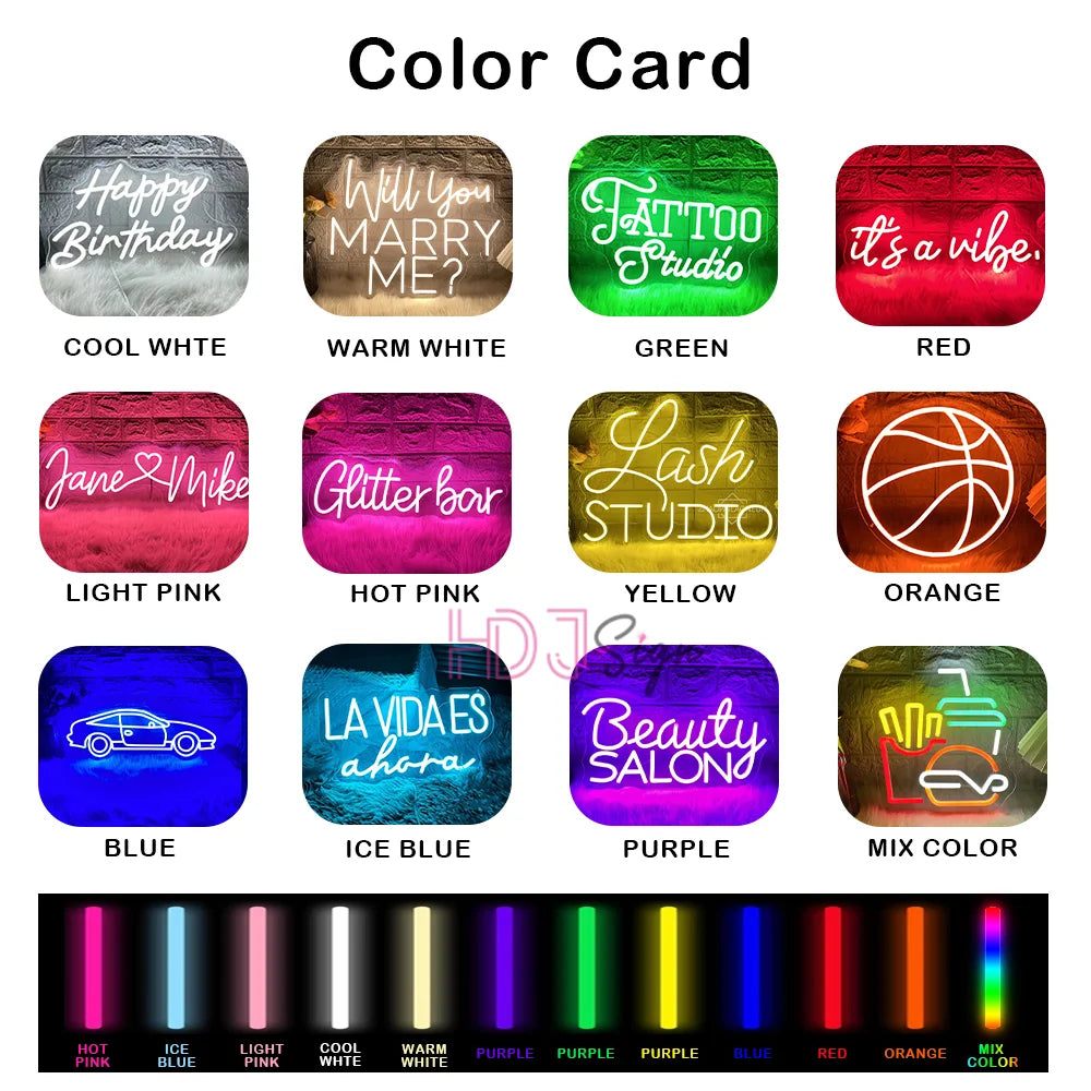A color card showing various neon colors including white, pinks, greens, yellows, purples, blues, reds, and orange.